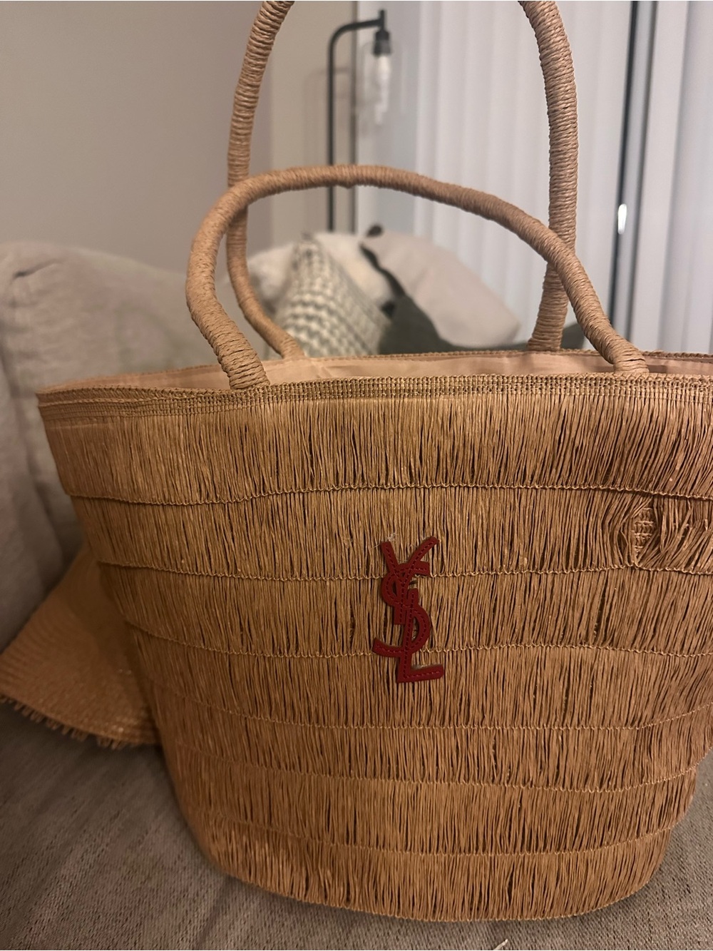Tan Straw Fringe Sun Hat AND BAG with Red Logo - Picture 2 of 13
